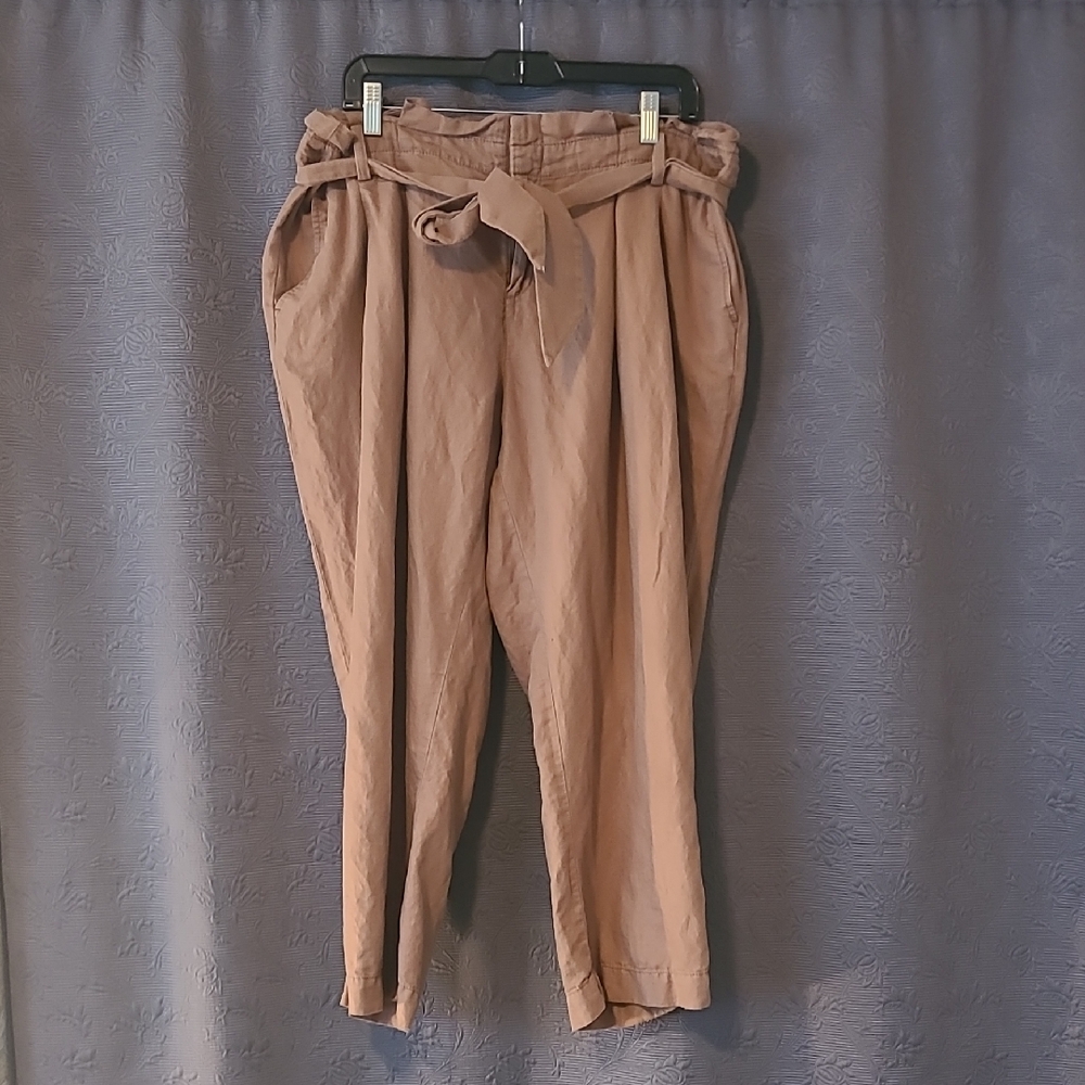LOFT Plus Cotton/Linen BlendBrown Pants with Tie Belt, 14